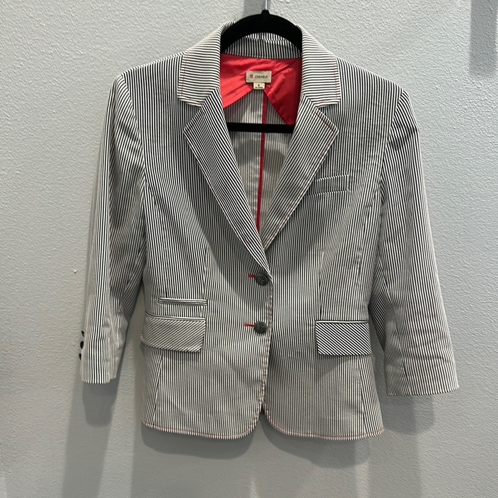 Women's Striped Blazer - Navy and White with watermelon pink detail